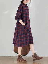 NYFS-vestido holgado de algodón a cuadros para mujer, traje camisero de manga larga, estilo coreano, para primavera y otoño, novedad de 2024