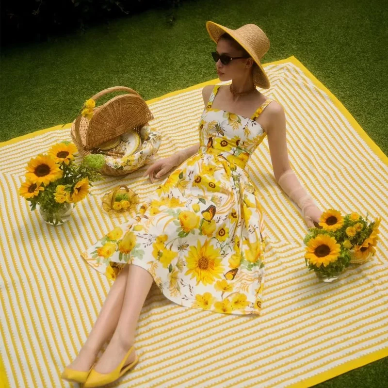 Vestido midi de verano de diseñador, sin mangas, con estampado floral, línea A, para vacaciones, con tirantes, para ir al tra...