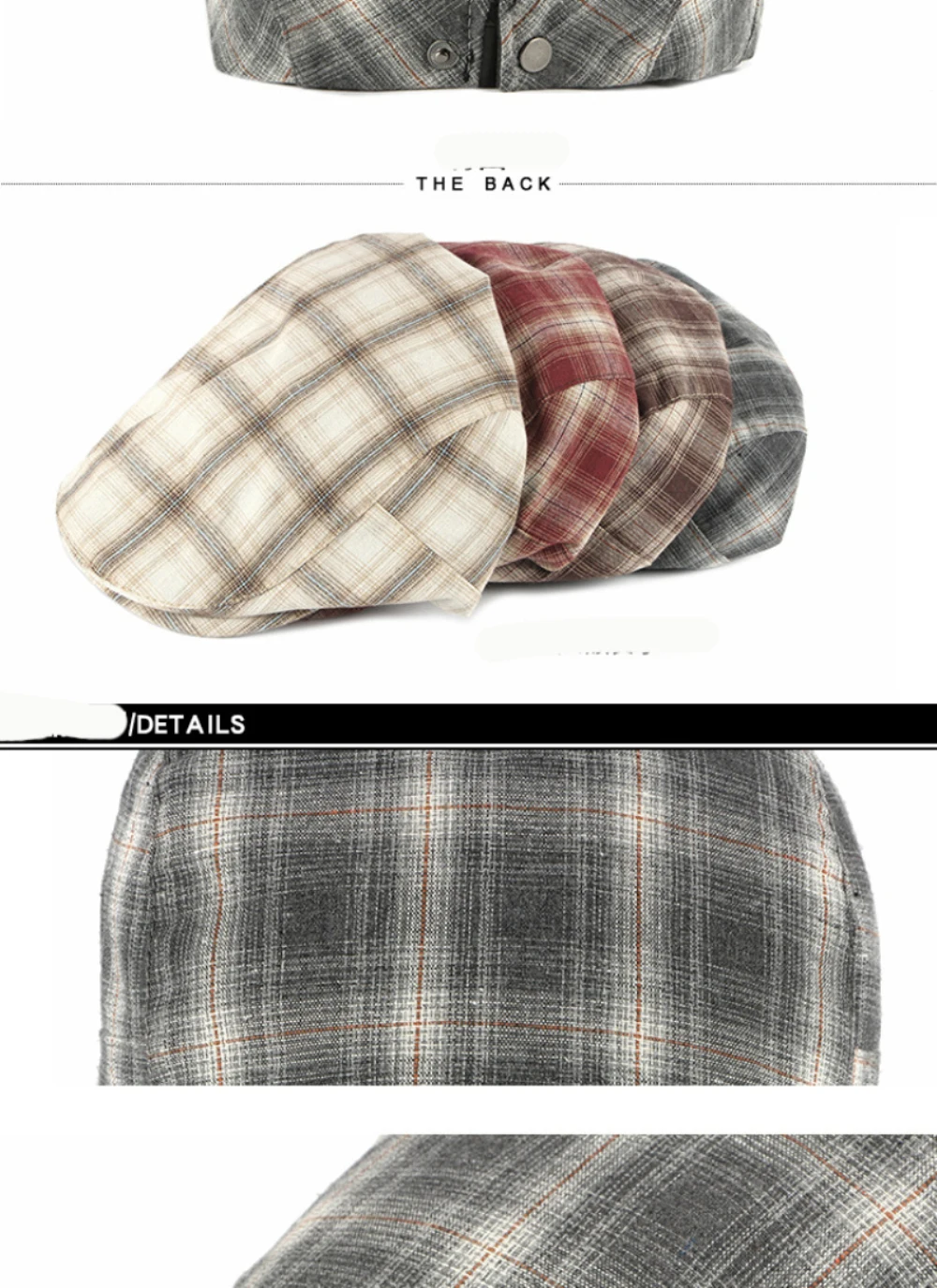 HT4631 Baskenmützen für Herren und Damen, Vintage Künstler-Mütze, Karierte Baskenmütze, Verstellbare Ivy Flat Cap für Frühling und Sommer – Detail 6