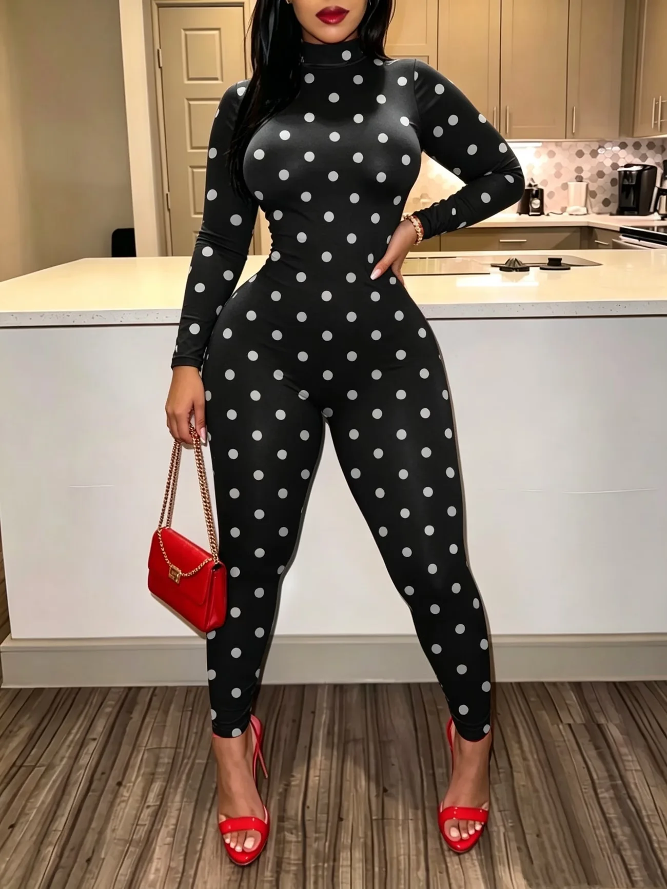 STYLISH LADY Polka Dot Print Jumpsuit 2026 Women High Neck Long Sleeve Slim Fit Bodycon Club Party One Piece Outfit