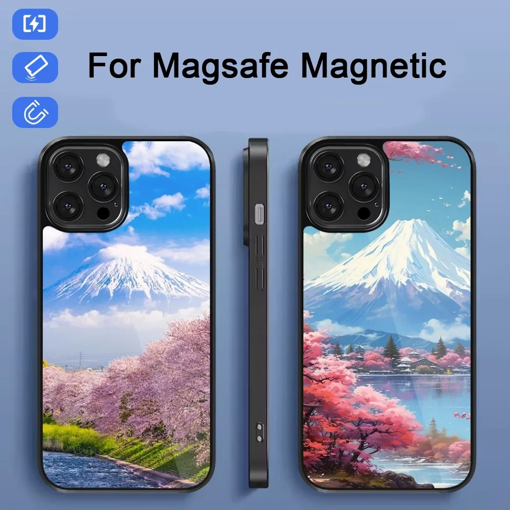 Mount Fuji Aesthetic Phone Case For iPhone 15 14 13 12 11 Pro Max Plus Mini Magsafe Magnetic Black Cover