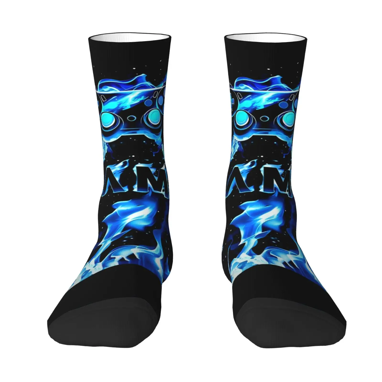 Blue Flame Game Controller Print Crew Socks One Size Black Mid Calf Socks Gaming Novelty Socks for Men Women