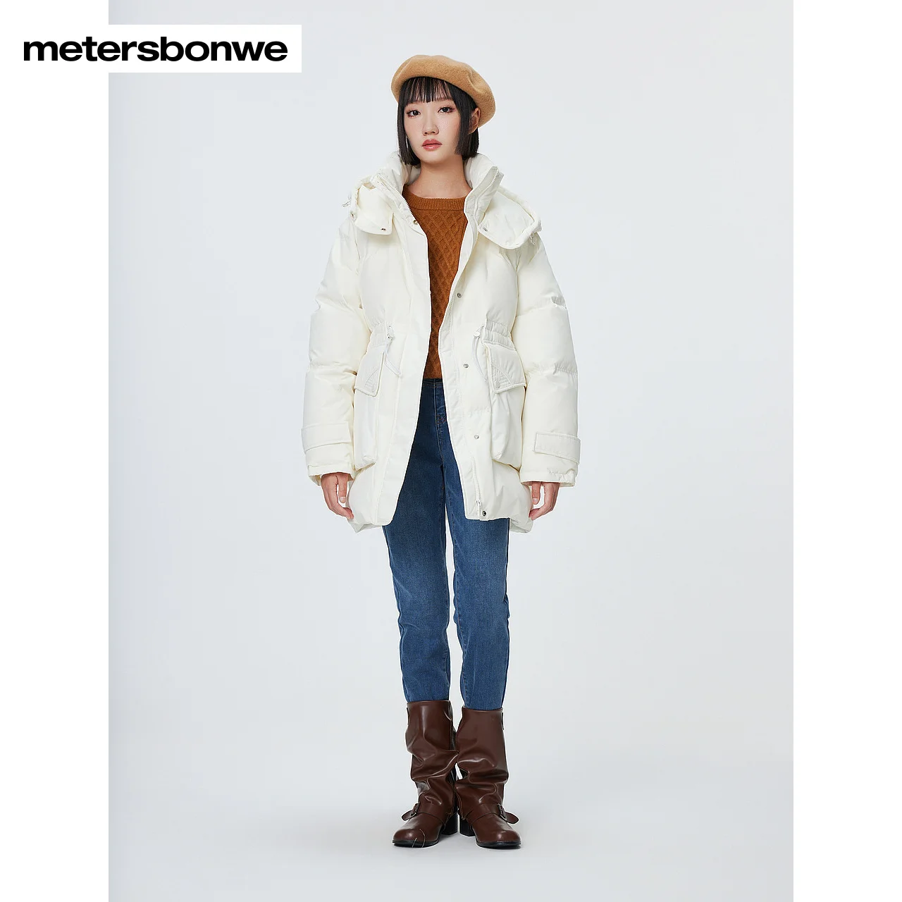 Metersbonwe Long Hooded Down Jacket Women Winter Parker Coat Ladies Warm Jackets Casual White Outerwear