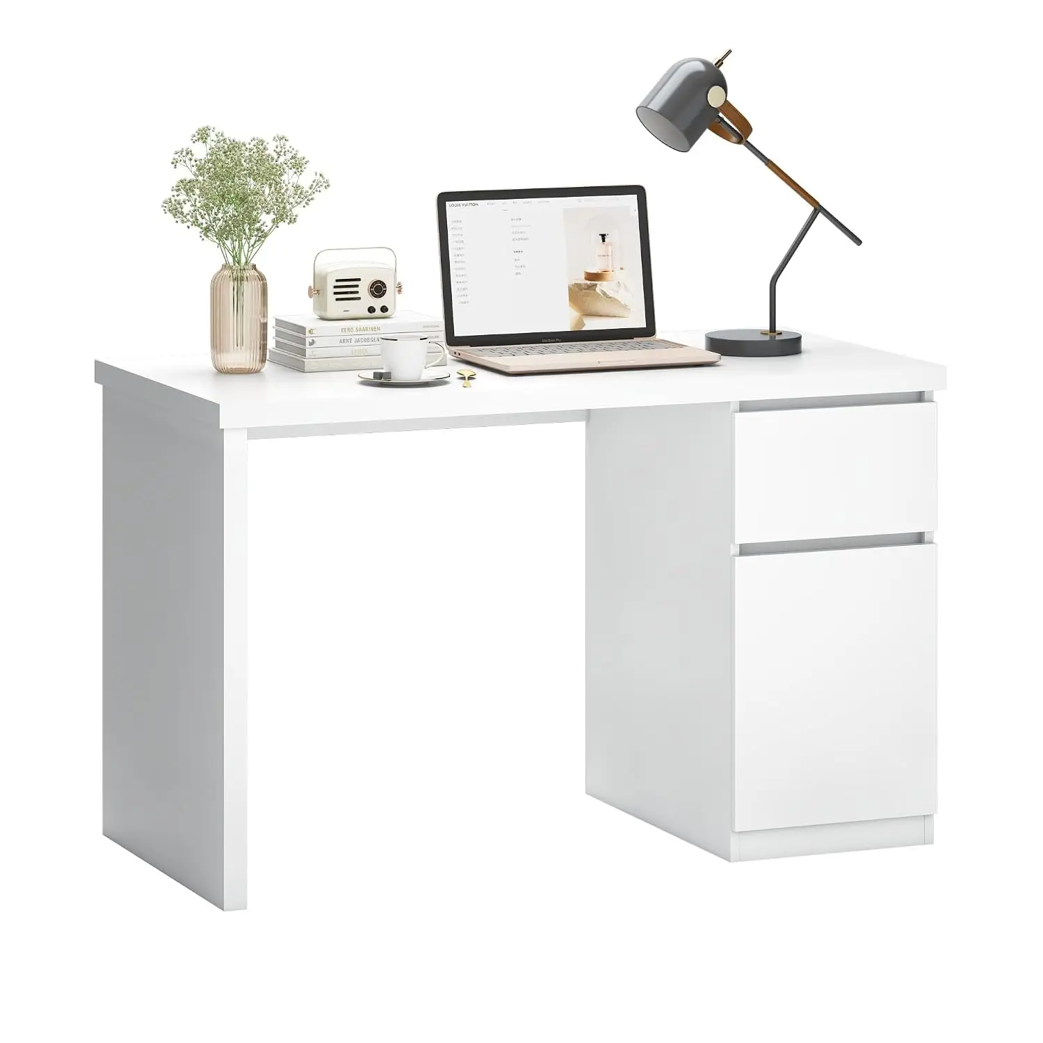 White Small Desk with Drawers & Storage, 43 Inch Bedroom Home Office PC Workstation Study Table, Customized