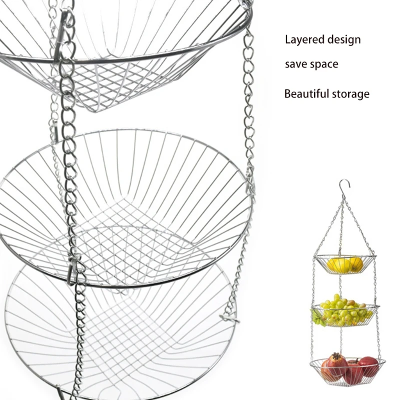 3 طبقات سلة فاكهة معلقة حامل سلك الحديد رف منظم وعاء تخزين الخضروات