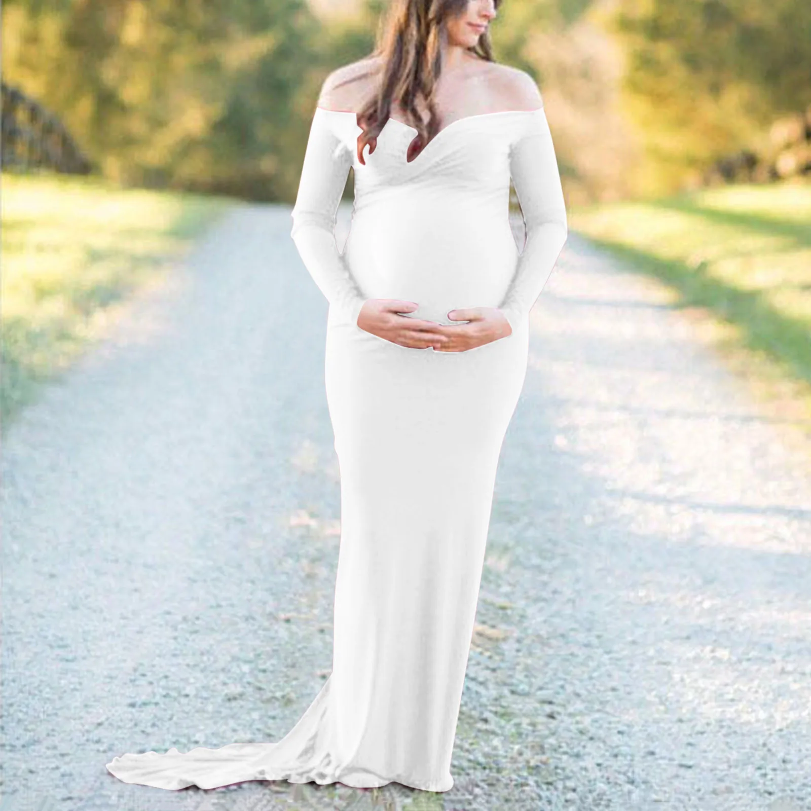

Pregnants Dress Women Fashion Chic Neck Solid Color Long Sleeve Alluring Dresses Maternity Photography Props Clothes For Woman