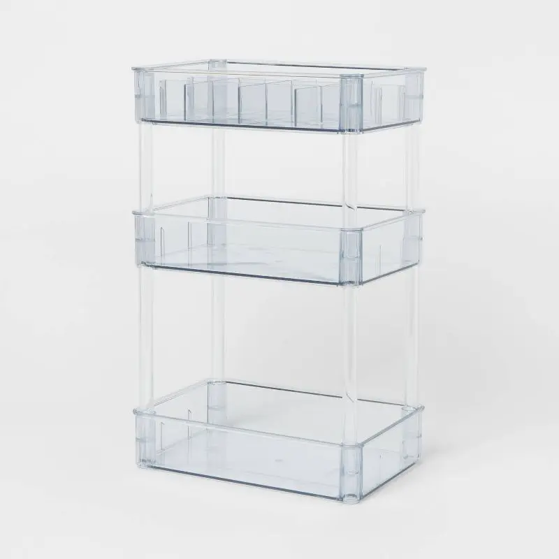 

3 Tier Clear Acrylic Shelf Height Bathroom Organizer with Raised Edges Recycled PET Space Saving Storage Rack