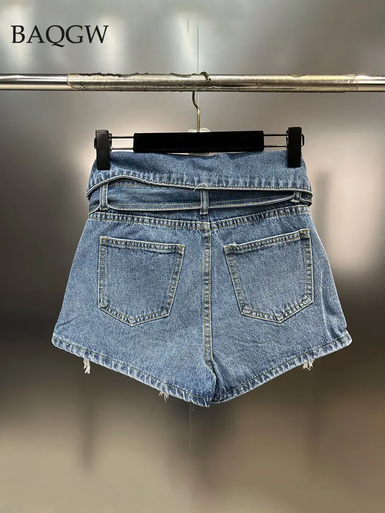 Personality Tassel Hole Design Denim Shorts Skirts Female High Waist Loose Wide Leg Short Jeans with Belt Fashion Summer