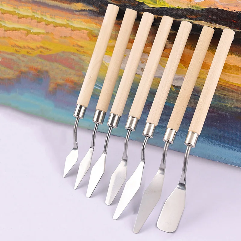 7pcs Art Oil Painting Scraper Flat Head Artist Gouache Pigment Stainless Steel Painting Shovel Mixing Texture Knife Art Tool Set