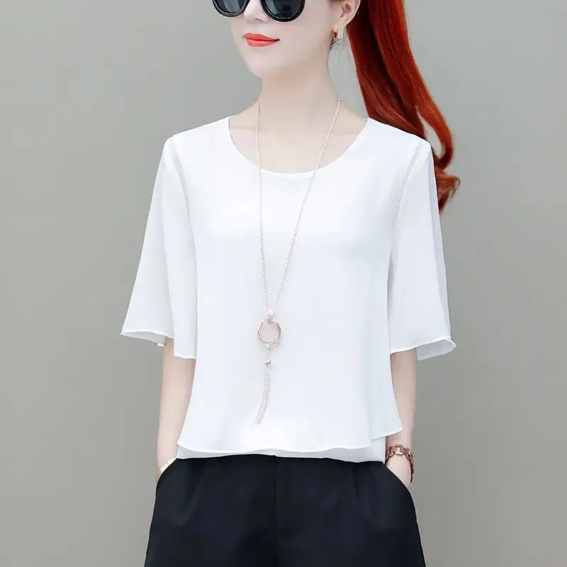 Elegant Solid Color Spliced Irregular Chiffon Blouse Women\'s Clothing 2024 Spring New Casual Pullovers Office Lady Shirt