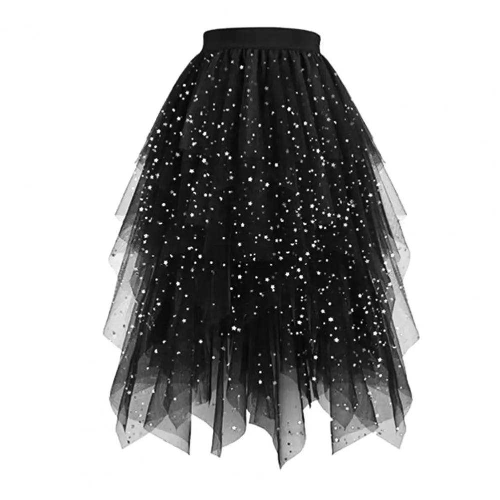 

Женская юбка с узором «Звездное небо», двухслойная, из сетки, с высокой талией, асимметричным подолом и высоким разрезом, для вечеринок