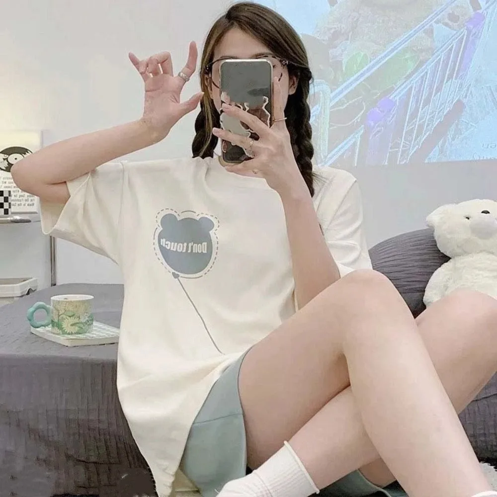 

Милый хлопковый пижамный комплект с цветочным принтом, с коротким рукавом, с мультяшными медведями и кроликами, тонкая свободная женская домашняя одежда для сна