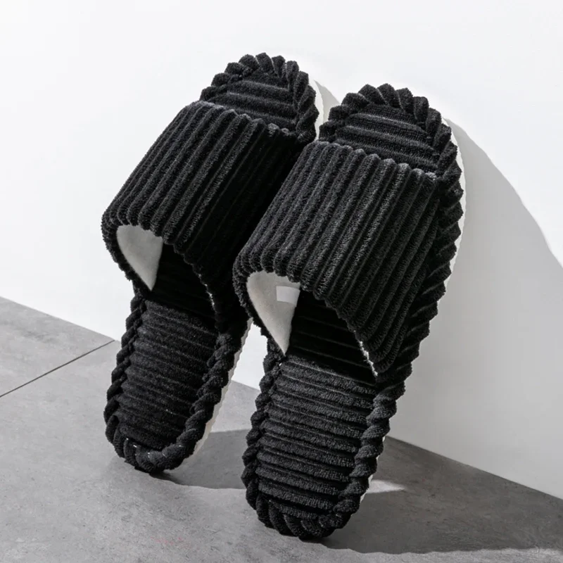 Corduroy One-word Opening TPR Open-toe All-season Slippers for Adults Men and Women Indoor Slippers for Couples