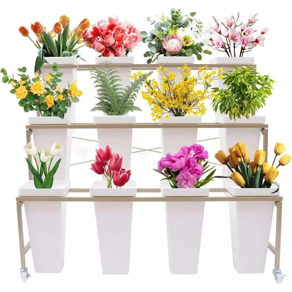 

3 Tier Metal Removable Flower Display Stand with 12 Buckets - Gold Shelf & White Square Buckets for Bouquet Showcases