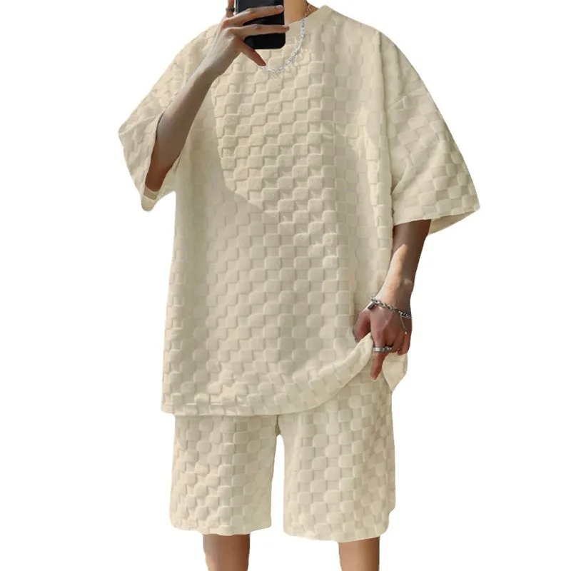 2024 European and American fashion checkerboard spring and summer loose sports and leisure two-piece men's suit