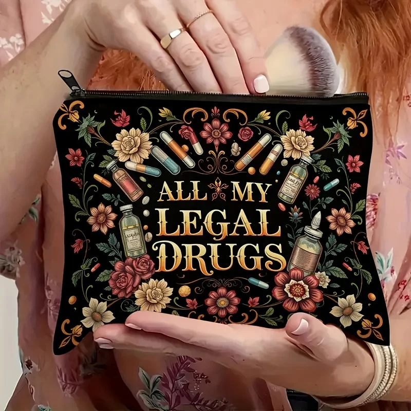 1pc, Bag for Cosmetics And Medicine Featuring a Floral Design with The Phrase 