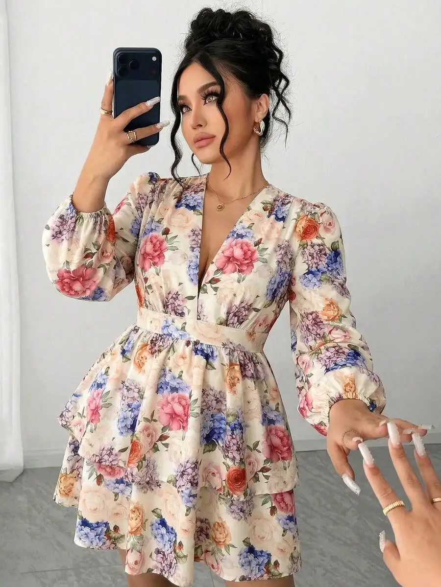 Elenzga Plus Size Vacation Style Floral Print Puff Sleeve Criss-Cross Waist Slimming Spring Dress, Party Dress Fall
