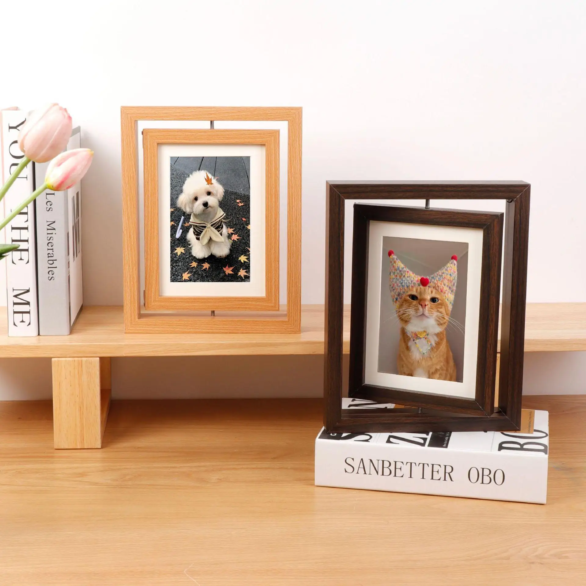 Double-sided rotating 7-inch wooden photo frame display stand. Handmade pet cat and dog paw print gift commemorative frame