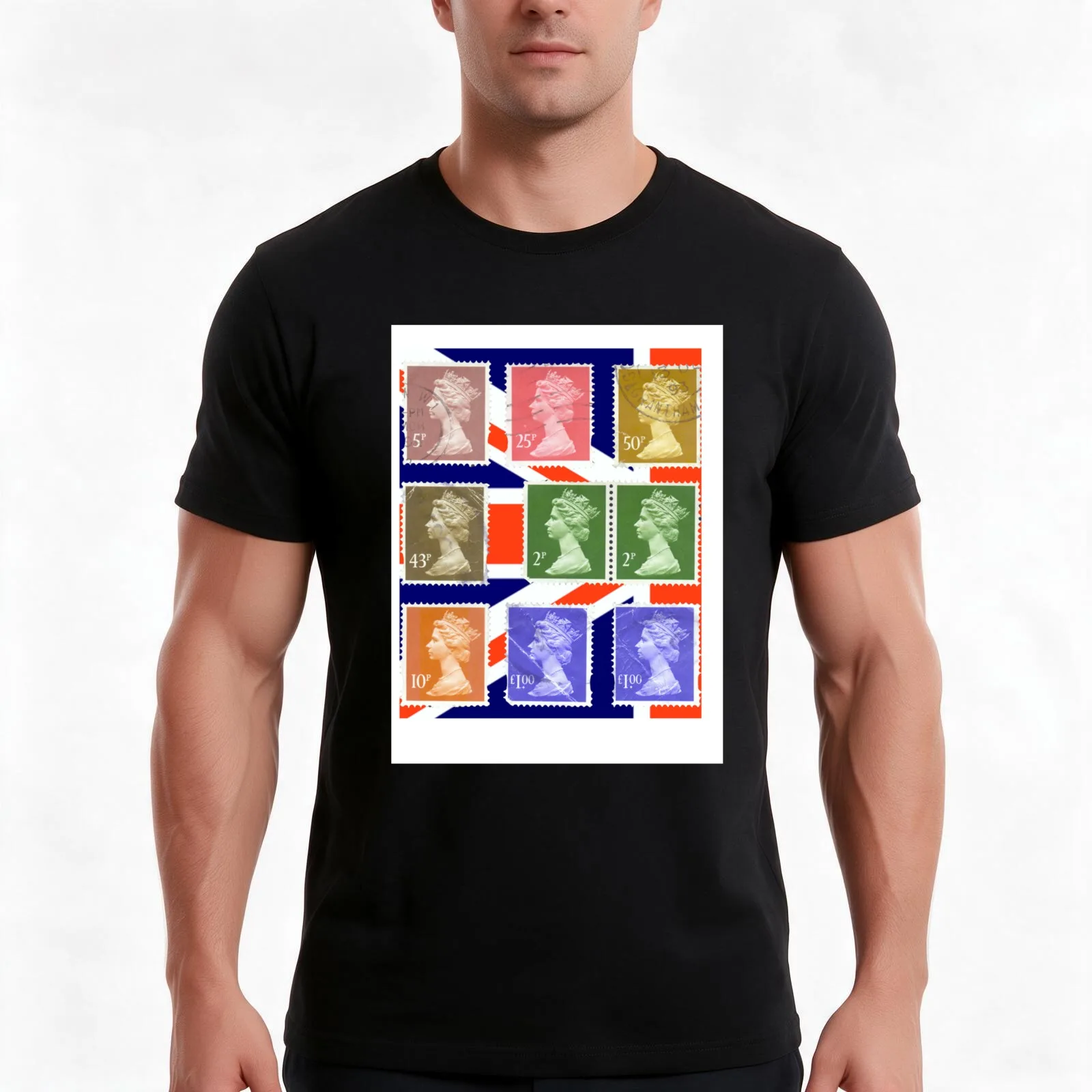 British Royal Mail postage stamps T-Shirt, Summer Casual Cotton Tee, Oversized Streetwear Tops, Vintage Graphic Print