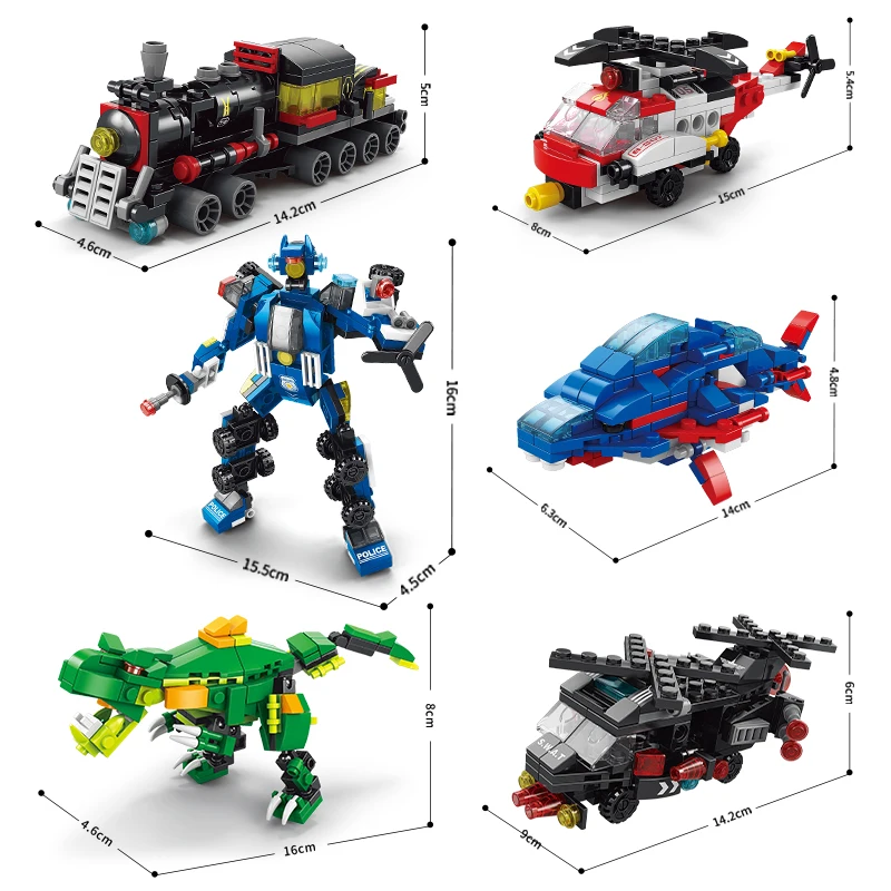 Mini 6 IN 1 Dinosaur Building Blocks Toy Tank City Engineering Car Police Truck Mech Helicopter Bricks Fire Fighting Model Gift