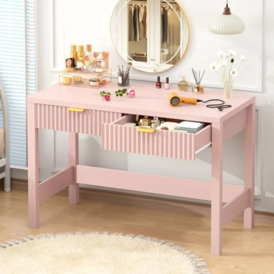 39 Inch Small Fluted Computer Desk with 2 Drawers for Bedroom Home Office: MDF Wood, White, Space-Saving Design