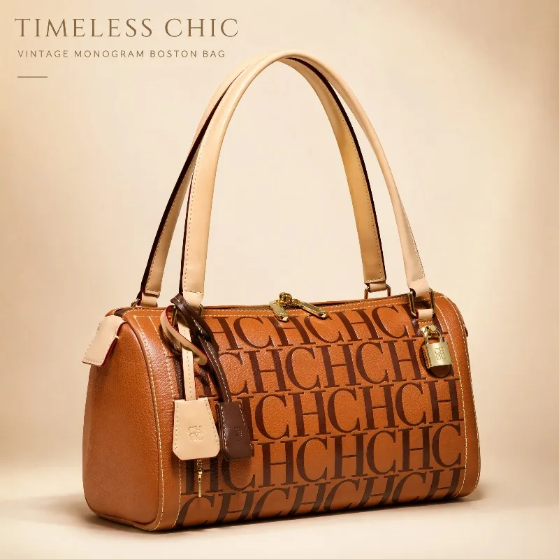 CHHC New Women Boston Bag Premium Shoulder Purse Puffy Pillow Texture Letter Print Top Handle Handbag Classic