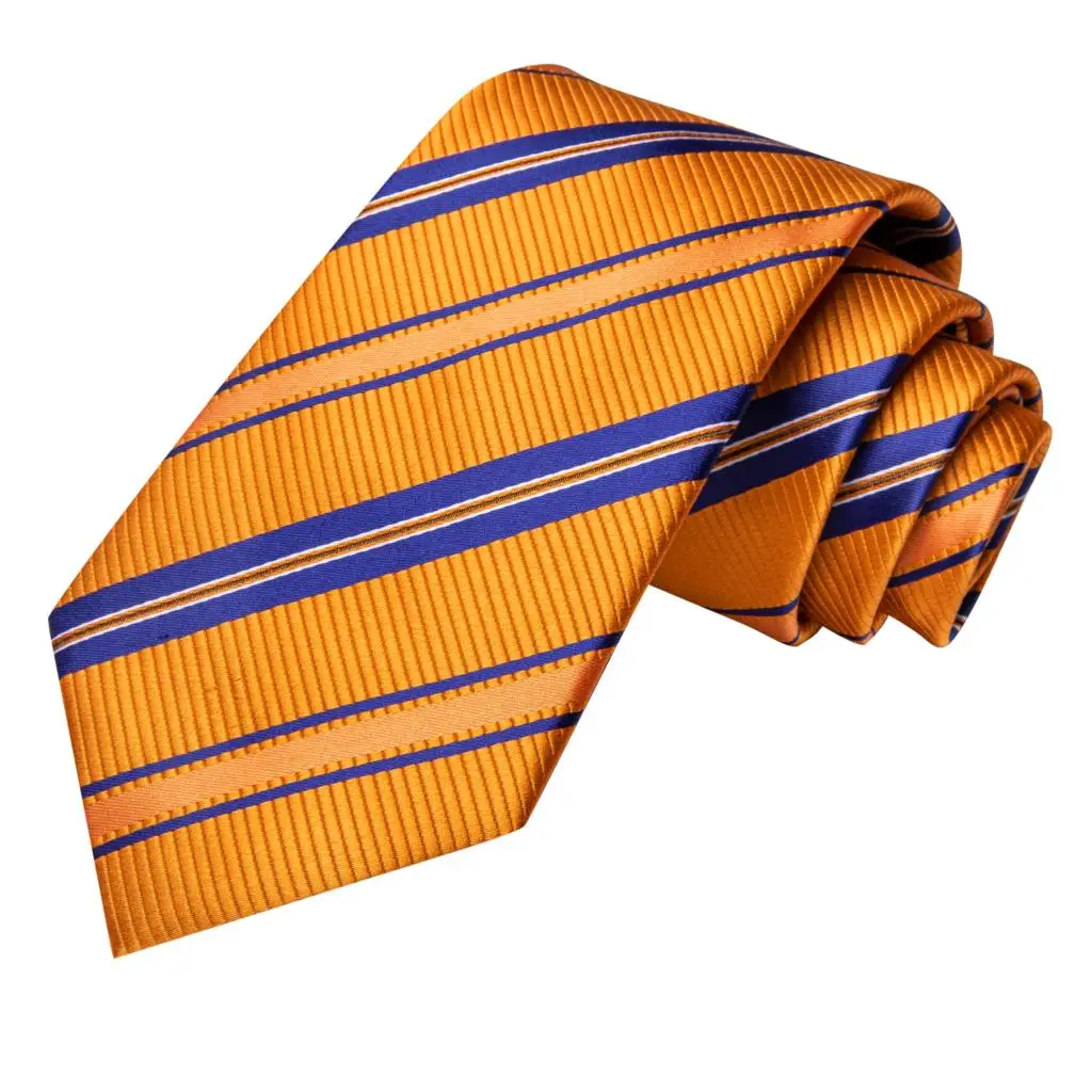 Striped Orange Tie For Men 2023 New Elegant Mens Necktie Pocket Square Cufflinks Groom Wedding Accessory Hi-Tie Design Wholesale