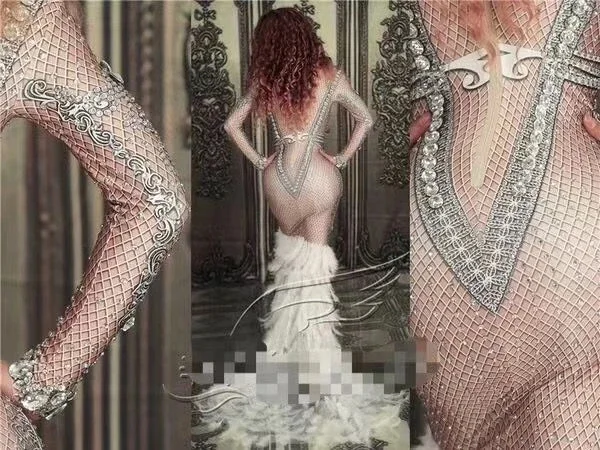 Vestido de cola de plumas blancas de cristal brillante para mujer, vestidos largos de diamantes plateados para fiesta de graduación de noche, disfraz de escenario de cantante