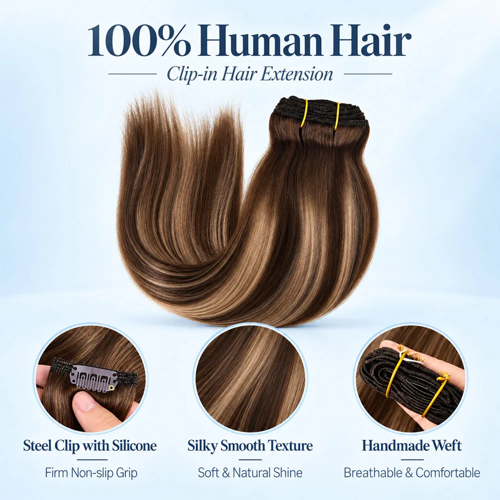 Clip In Hair Extensions 100% Human Hair 18-26 Inch Real Remy Straight Hair T4/27/P4 Highlight Ombre Colored Clip On Hair Extension 120Grams/7Pcs/Sets For Women
