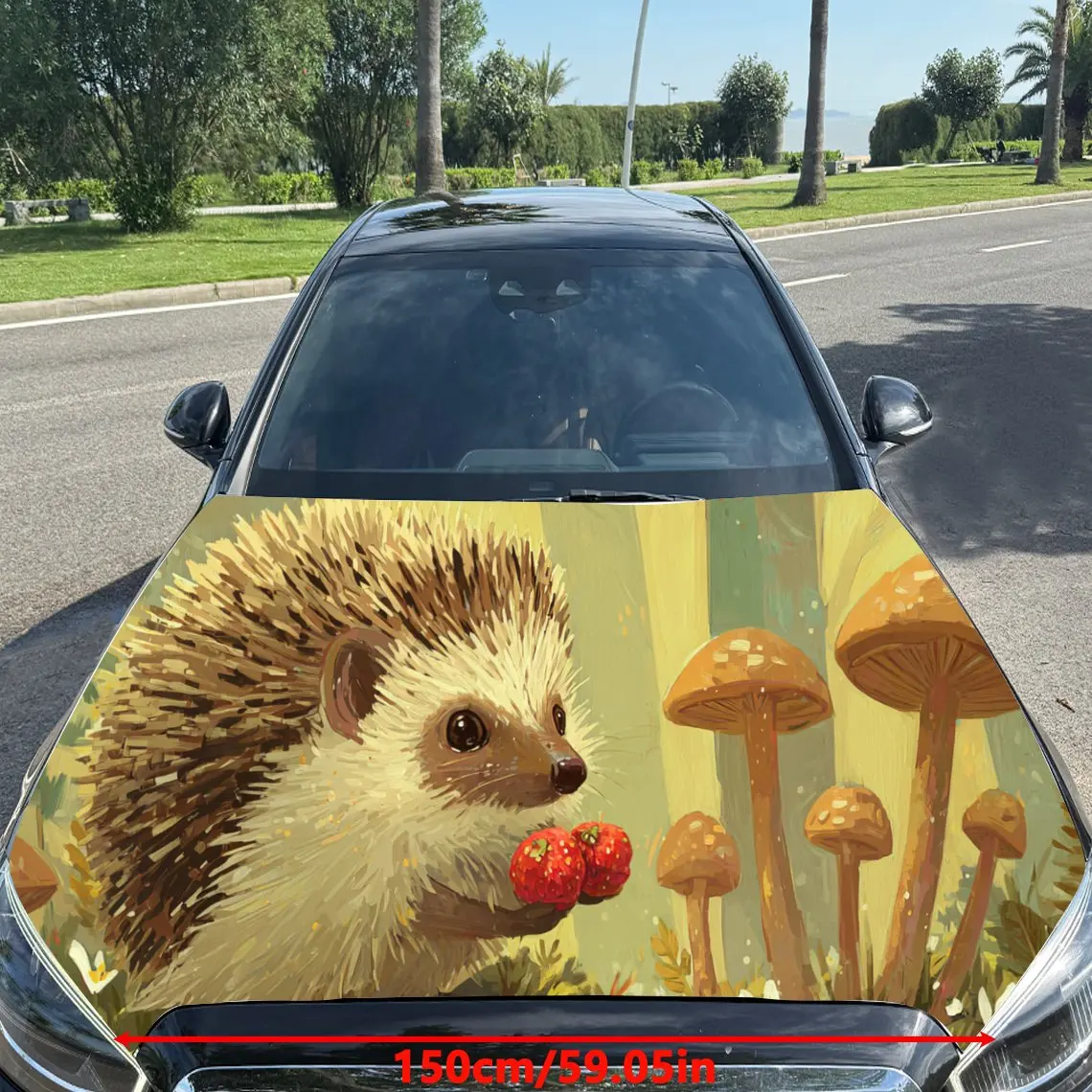 Dreamy Hedgehog in a Magical Forest Glade PVC Car Engine Hood Vinyl Wraps, Self-Adhesive Waterproof Car Hood Decal Sticker, Car