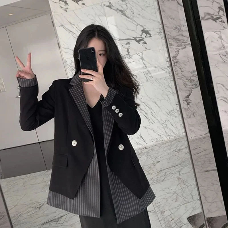 

Zoki Women Striped Contrast Stitching Blazer Autumn Korean Loose Office Lady Suit Coat All Match Long Sleeve Black Jacket