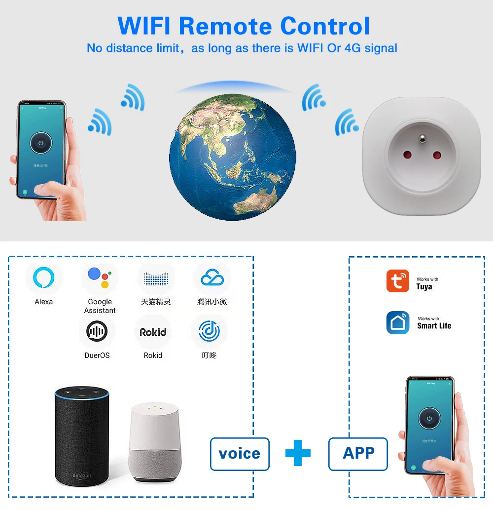 Ubaro Wifi Smart Socket France Tuya App Control Support Google Home Alexa Voice Plug Timing Power Outlet 100-240V Home Appliance