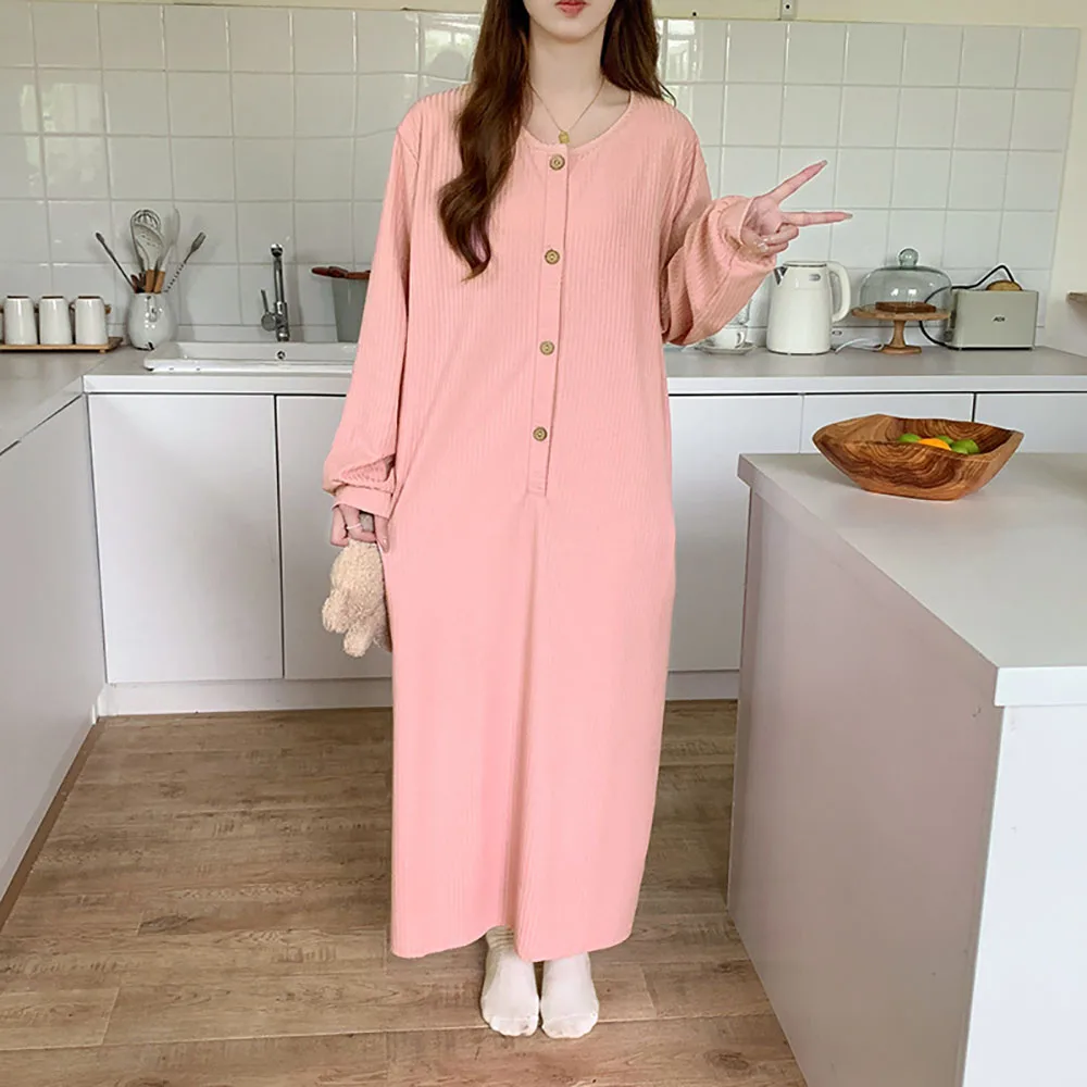 2024 New Half Cardigan Mid-Length Nightdgown For Women Spring Solid Long Sleeved Round Neck Home Nightdress Simple Casual Pajama