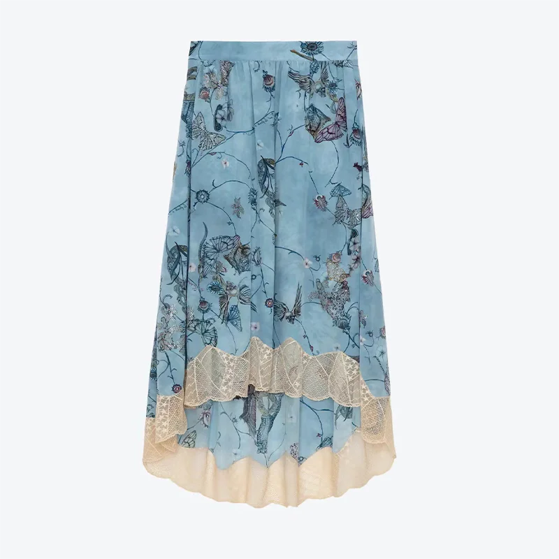 Zadig Casual Half Dress Women Butterfly Flower Rhinestone Printed Skirt Female Casual Vintage Half Skirt Blue Waist Lady Dresses