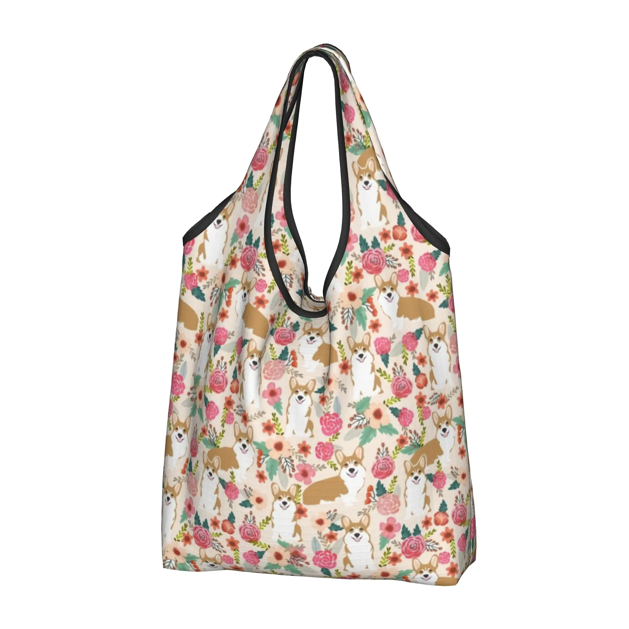 Custom Corgi Floral Flowers  Shopping Bags Women Portable Large Capacity Grocery Welsh Corgis Dog  Shopper Tote Bags