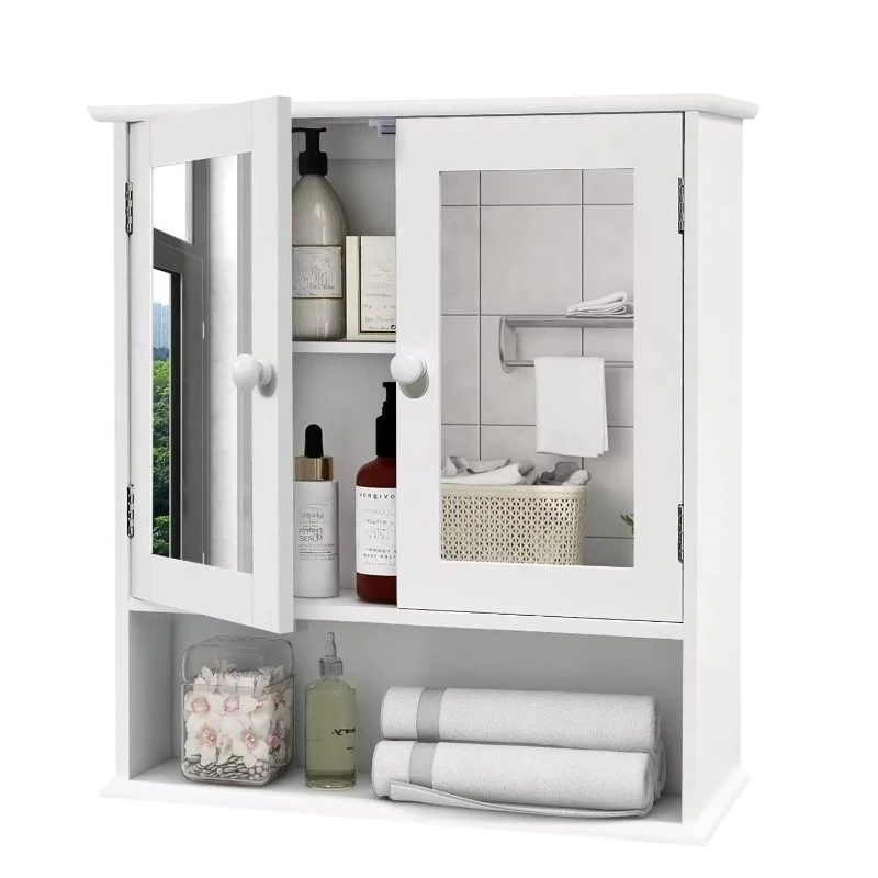 

Bathroom Wall Mounted Wooden Bathroom Locker Medicine Cabinet Toilet Bathroom with Mirror 2 Doors 3 Open Shelves
