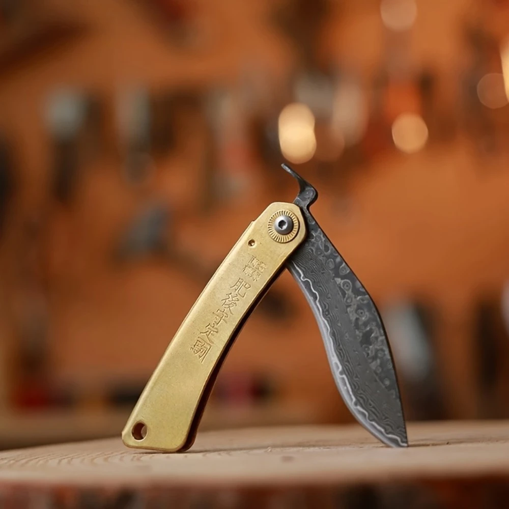 EDC Pocket Folding Knife Vintage Brass Engraved Handle Pattern Blade Camping Hunting Fishing Tool
