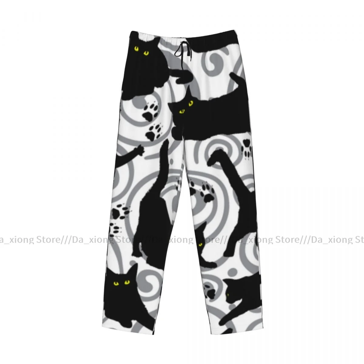 Mens Casual Pajama Long Pant Loose Elastic Waistband Black Cat Pattern Cozy Sleepwear Home Lounge Pants