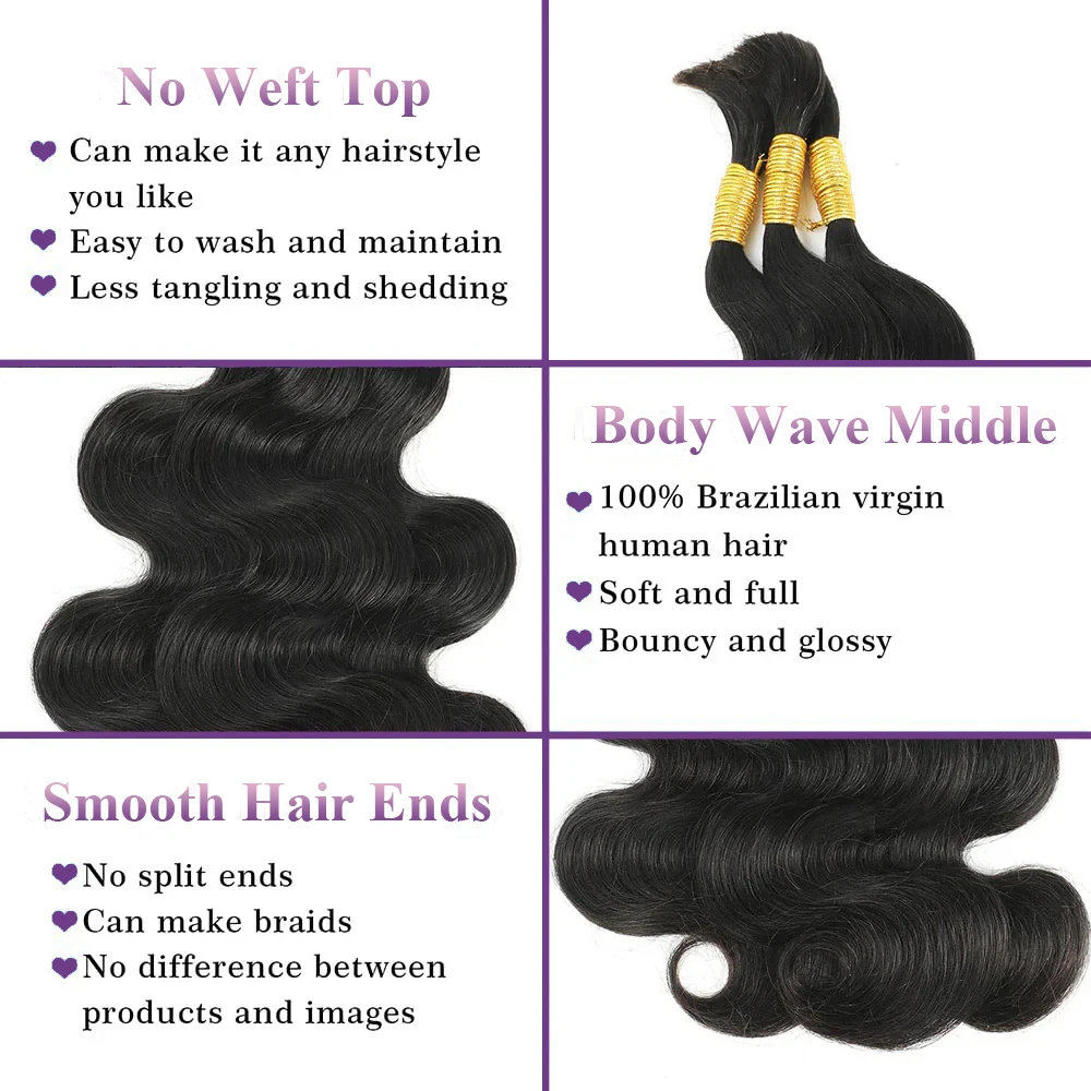 Brazilian Body Wave Hair Tranças, Remy Hair, Cabelo Humano, Massa, Sem Trama, Qualidade Superior, 100g por Pacote