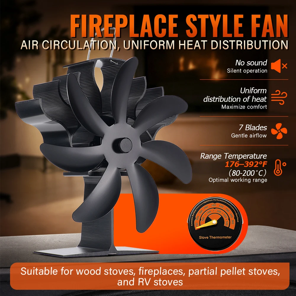 7 Blade Wood Stove Fan Heat Powered Heat Shield Silent Non-Electric Heat Activated Efficient Fireplace Fan Wood Burning Stove