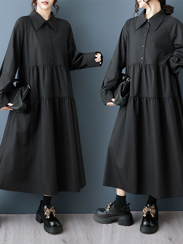 Dark Style Splicing Shirt Dress with Pleats Age Reduction 3/4 Length Sleeve Women's Autumn New Brand Fashion Dress