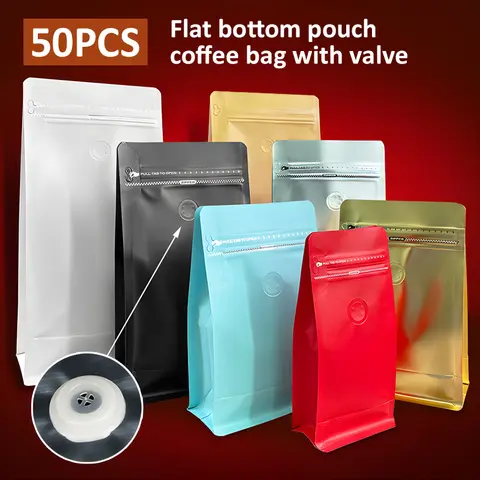 50pcs High Quality Flat Bottom Coffee Bags with Valve and Zipper Aluminum Foil Lining Pouch for Storing Coffee Beans Powder Food