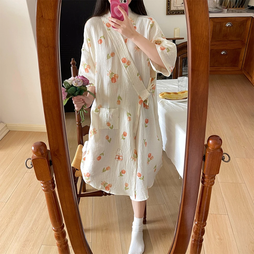 Summer Pure Cotton Gauze Nightdress Women Lace Floral Printed Nightgown Japanese Cotton Kimono Thin Bathrobe Pajamas Nightwear