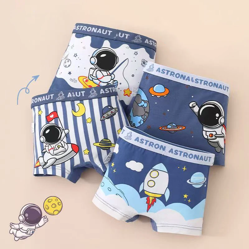 4 Pcs/Lot Boys Boxer Shorts Skin-friendly Soft Cotton Children Underwear Space Planet Cartoon Print Kids Trunks Toddlers Boxers