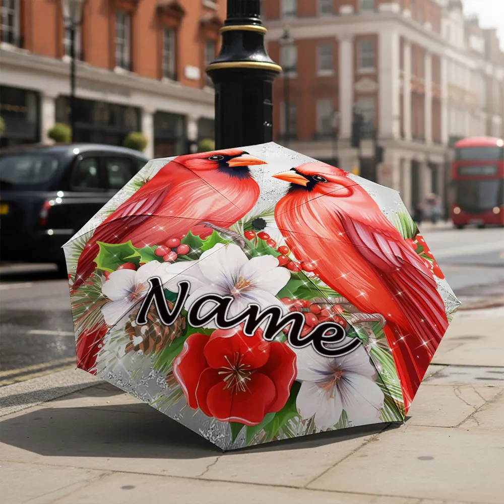 Custom Name umbrella, Festive Cardinals Floral Umbrella,Fashion Folding Umbrella for Sunny and Rainy Days, Christmas Gift
