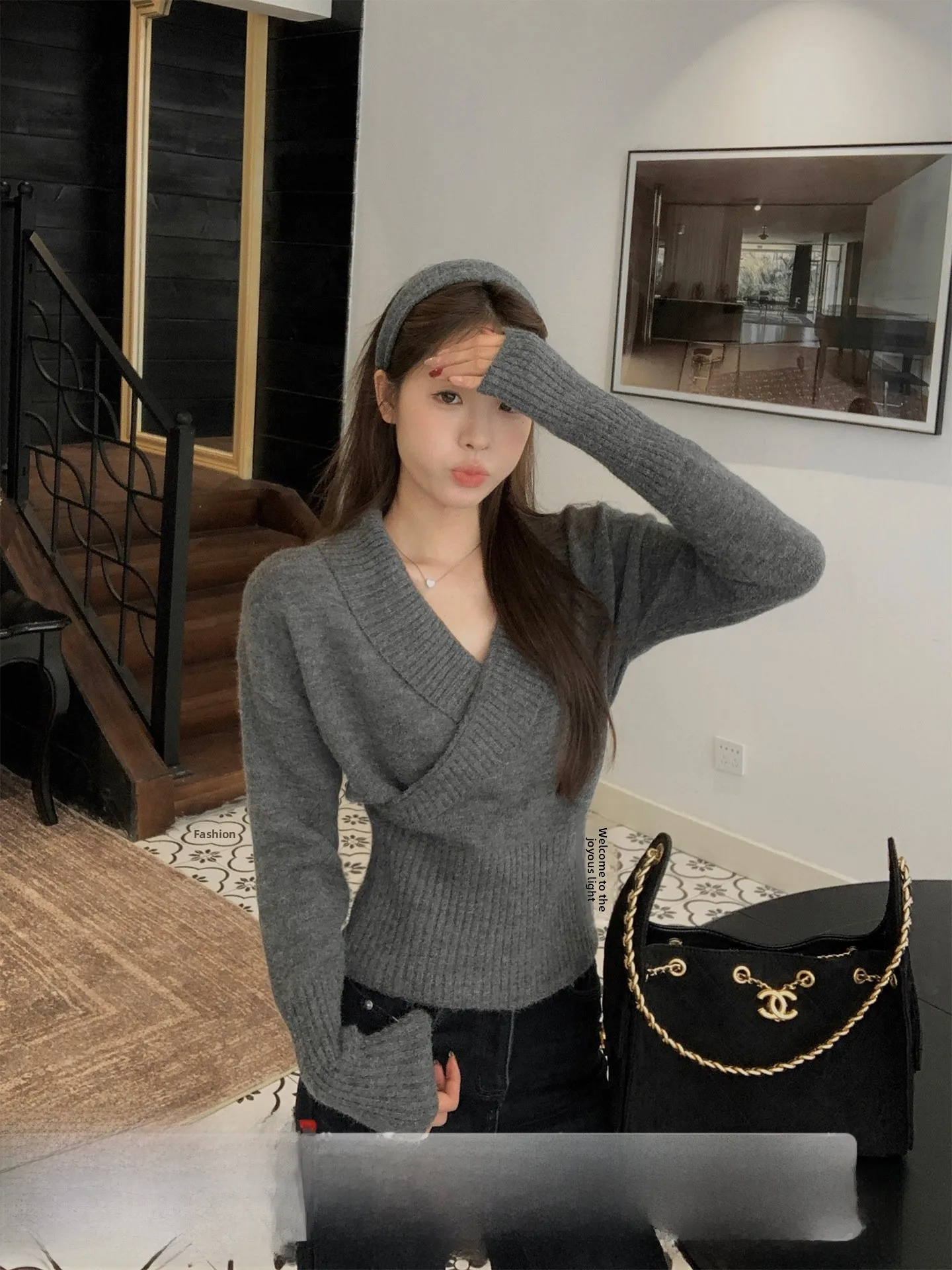 

Женский модный универсальный вязаный свитер Slim Fit с V-образным вырезом и перекрестным дизайном, утягивающий талию, базовый слой, зимний топ