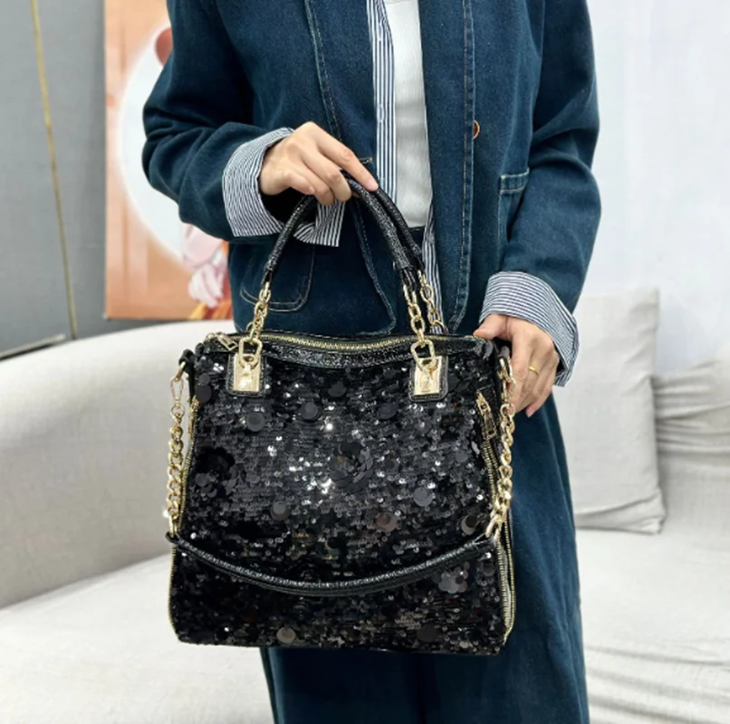 New sequin handbag Korean version of fashion senior women's bag large capacity soft leather bead single shoulder crossbody bag