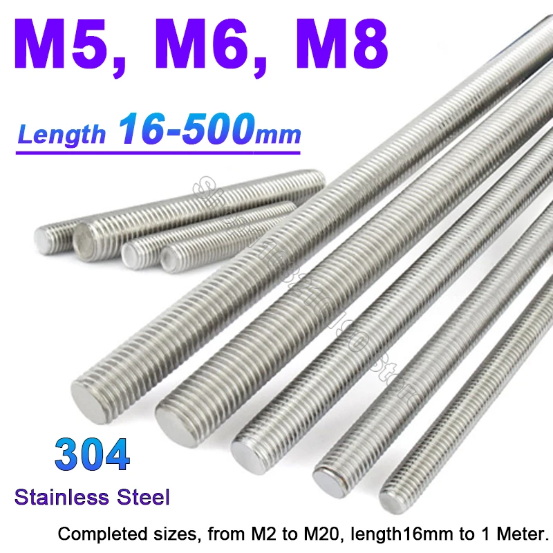 

1-10Pcs M5 M6 M8 Stainless Steel Fully Threaded Bar Full Metric Thread Rods Screw Anchor Headless Bolts Fastener Stud L=16-500mm