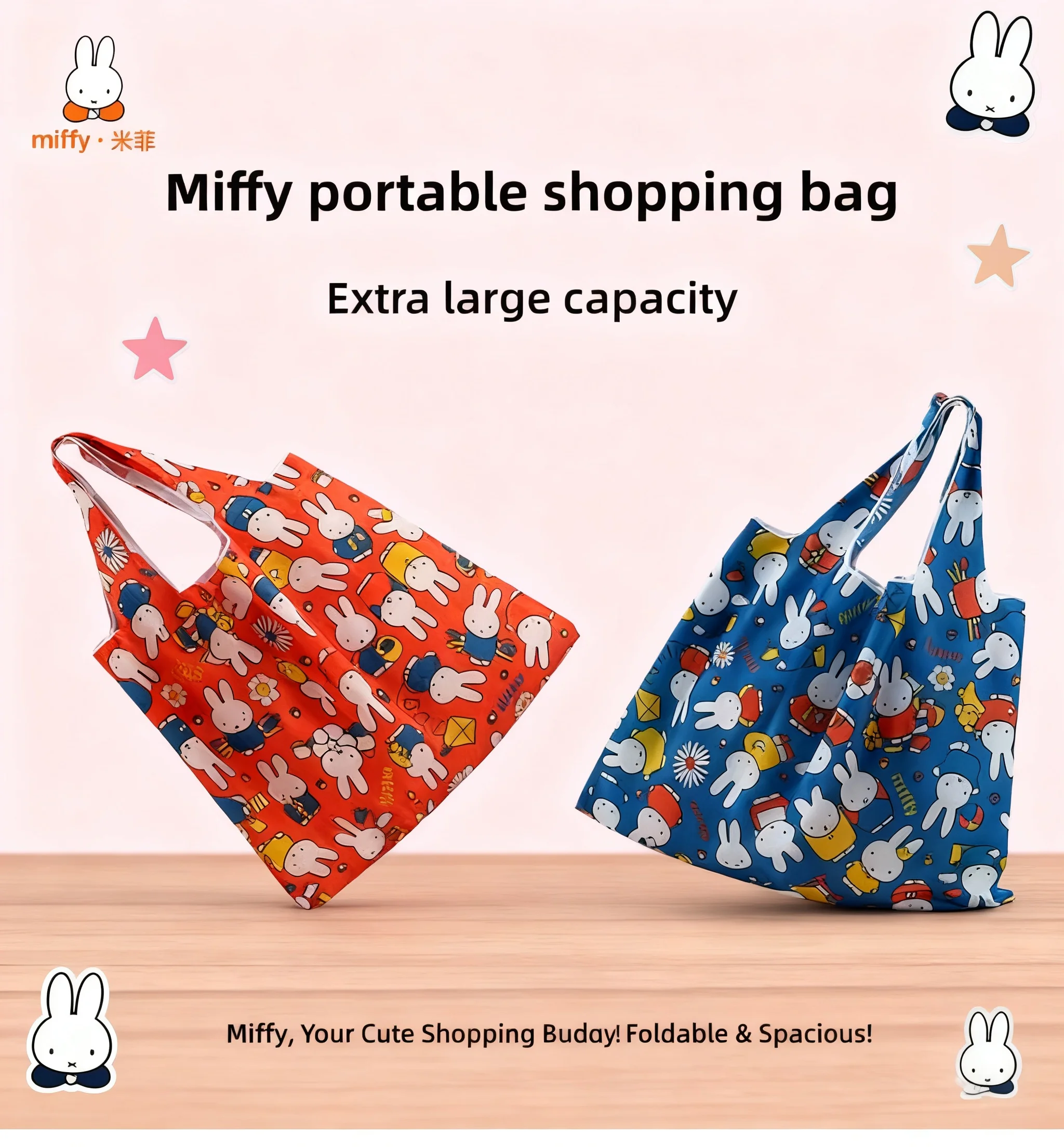 Bolsa de Compras Dobrável Miffy Extra Grande, Impermeável e Durável em Nylon para Viagem e Armazenamento de Compras, Linda