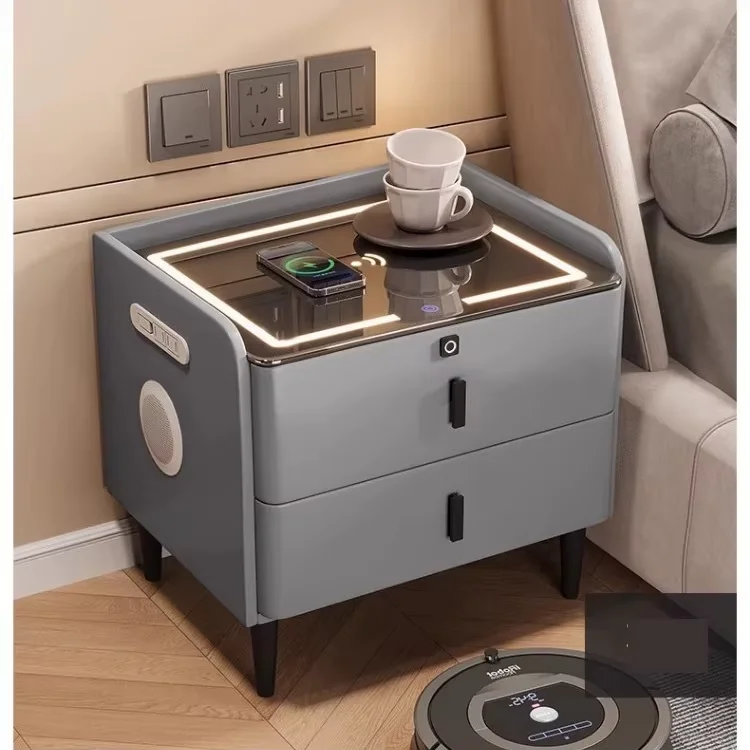 Modern Smart Grey Bedside Table Nightstand 2-Drawer LED Light Storage Wireless Charging Eco-Friendly Hospital Bedroom Furniture